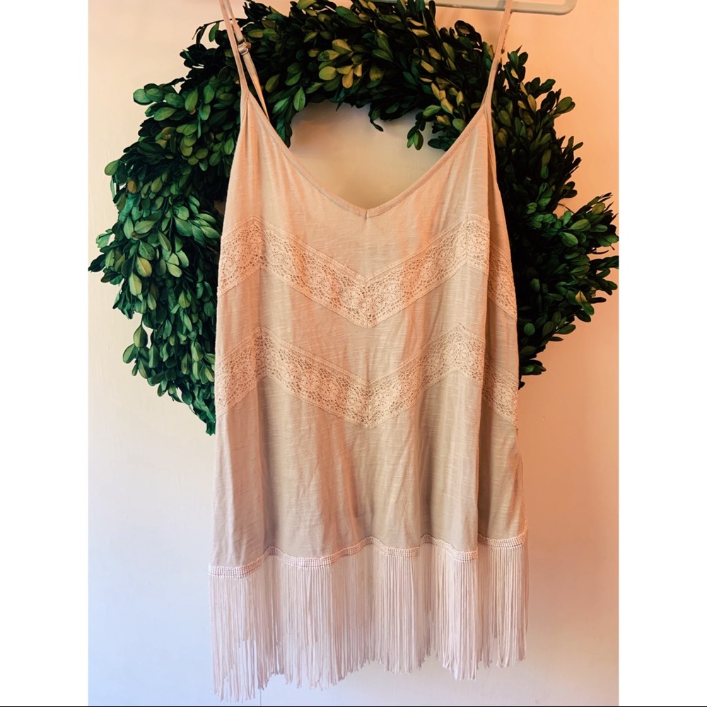 Lace and fringe beige tank
